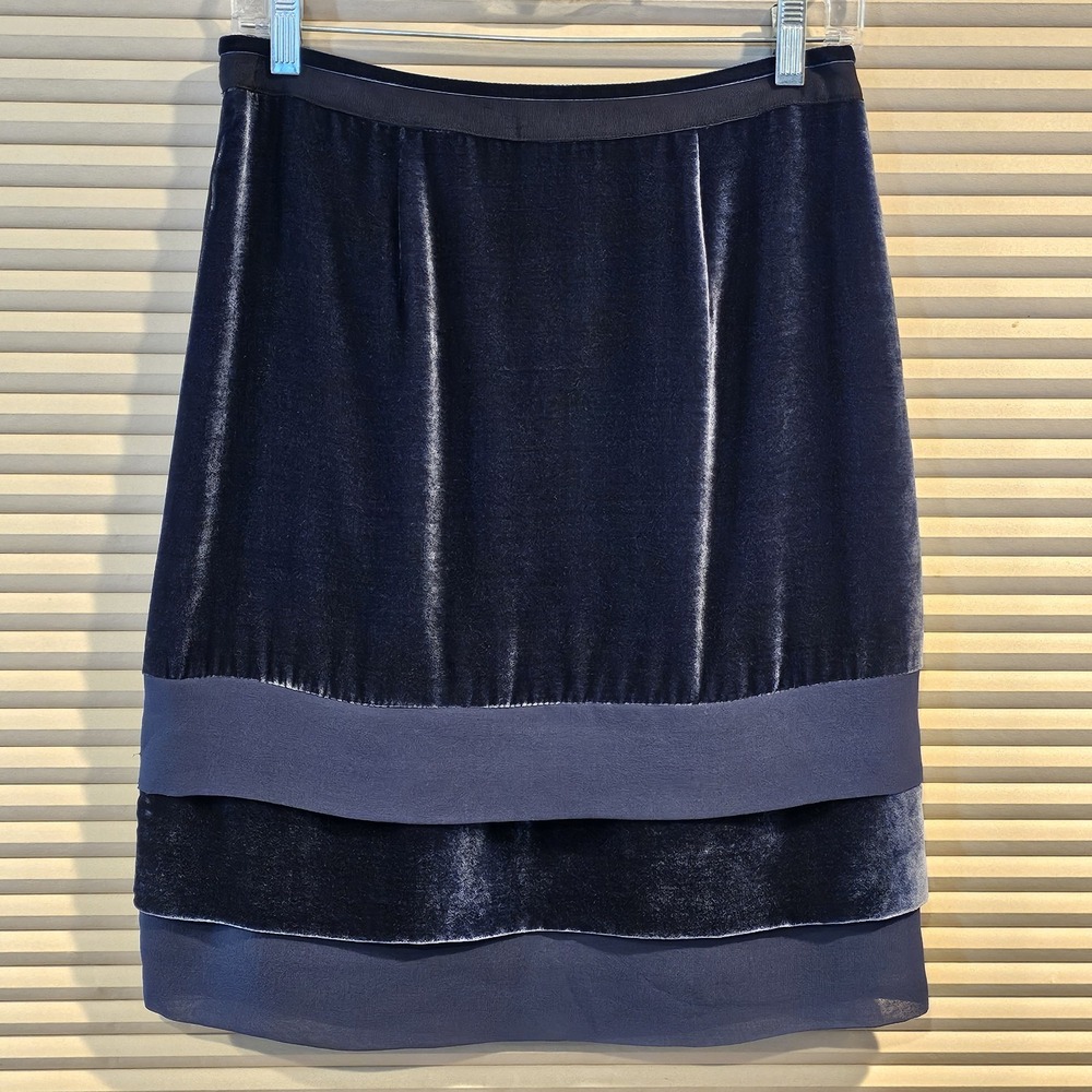Boden Velvet Tiered Silk Blend Knee Length Navy Blue Boho Chic Womens 4 Skirt